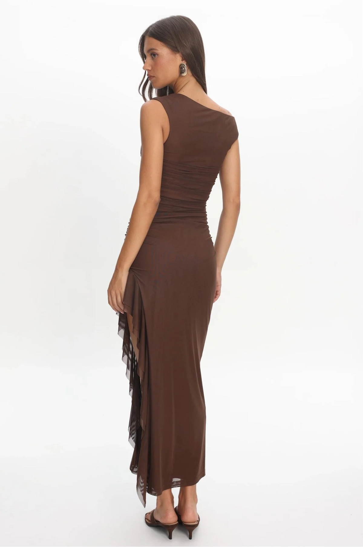 One Shoulder Ruffled Maxi Dress - Chocolate