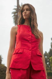 Linen Vest Set - Red