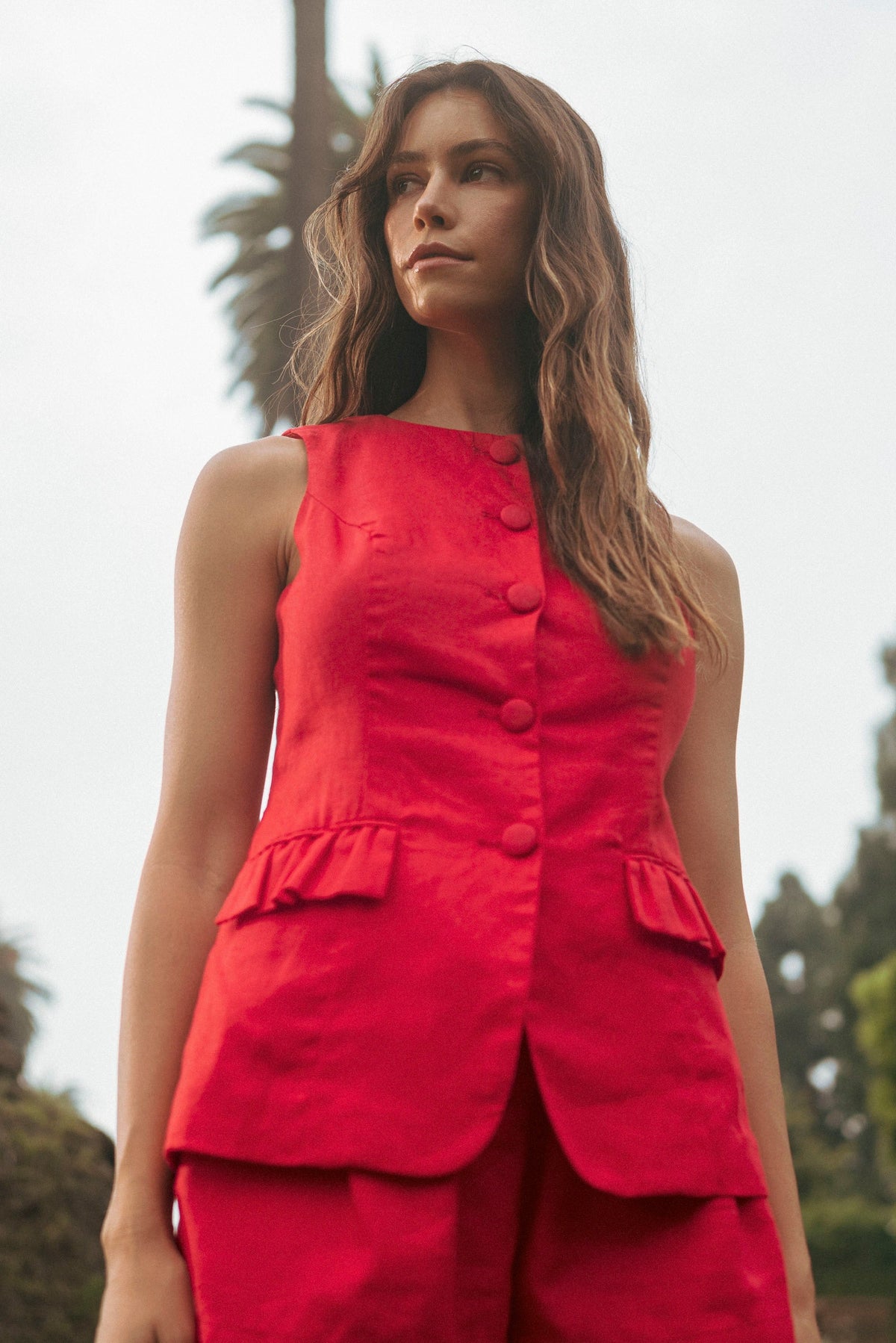 Linen Vest Set - Red