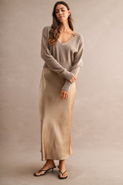 V Neck Sweater Top And Satin Midi Dress Set