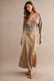 V Neck Sweater Top And Satin Midi Dress Set