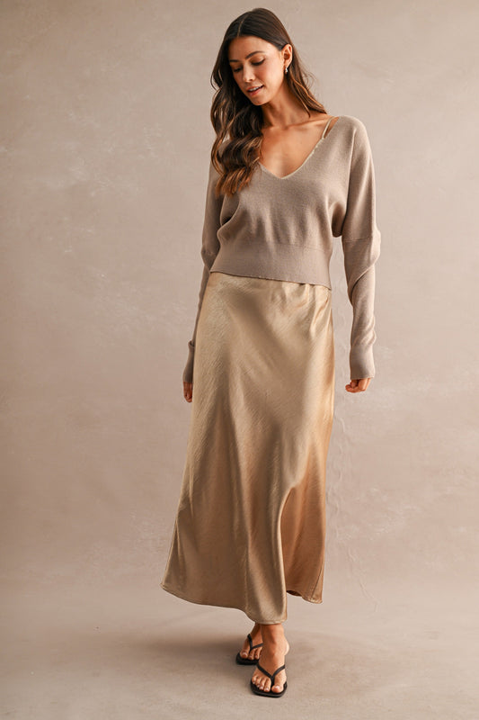 V Neck Sweater Top And Satin Midi Dress Set