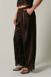 Satin Lace Trim Pants - Brown