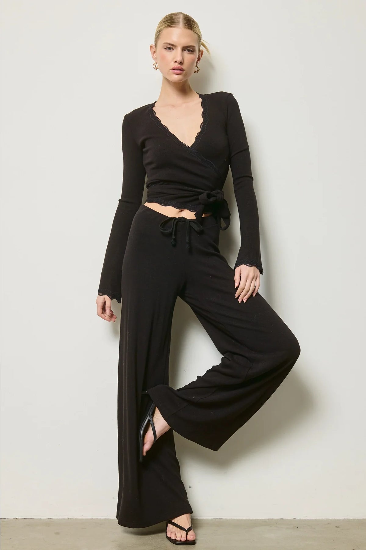 Scallop Wrap Top & Pants Set - Black