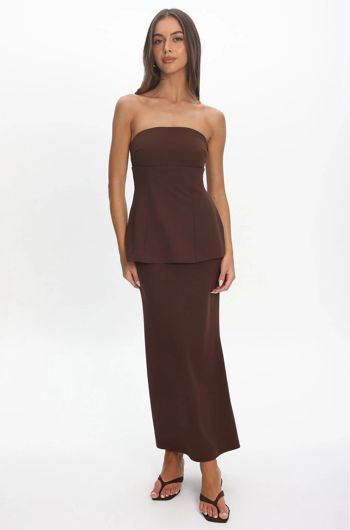 Strapless Peplum Maxi Dress - Chocolate