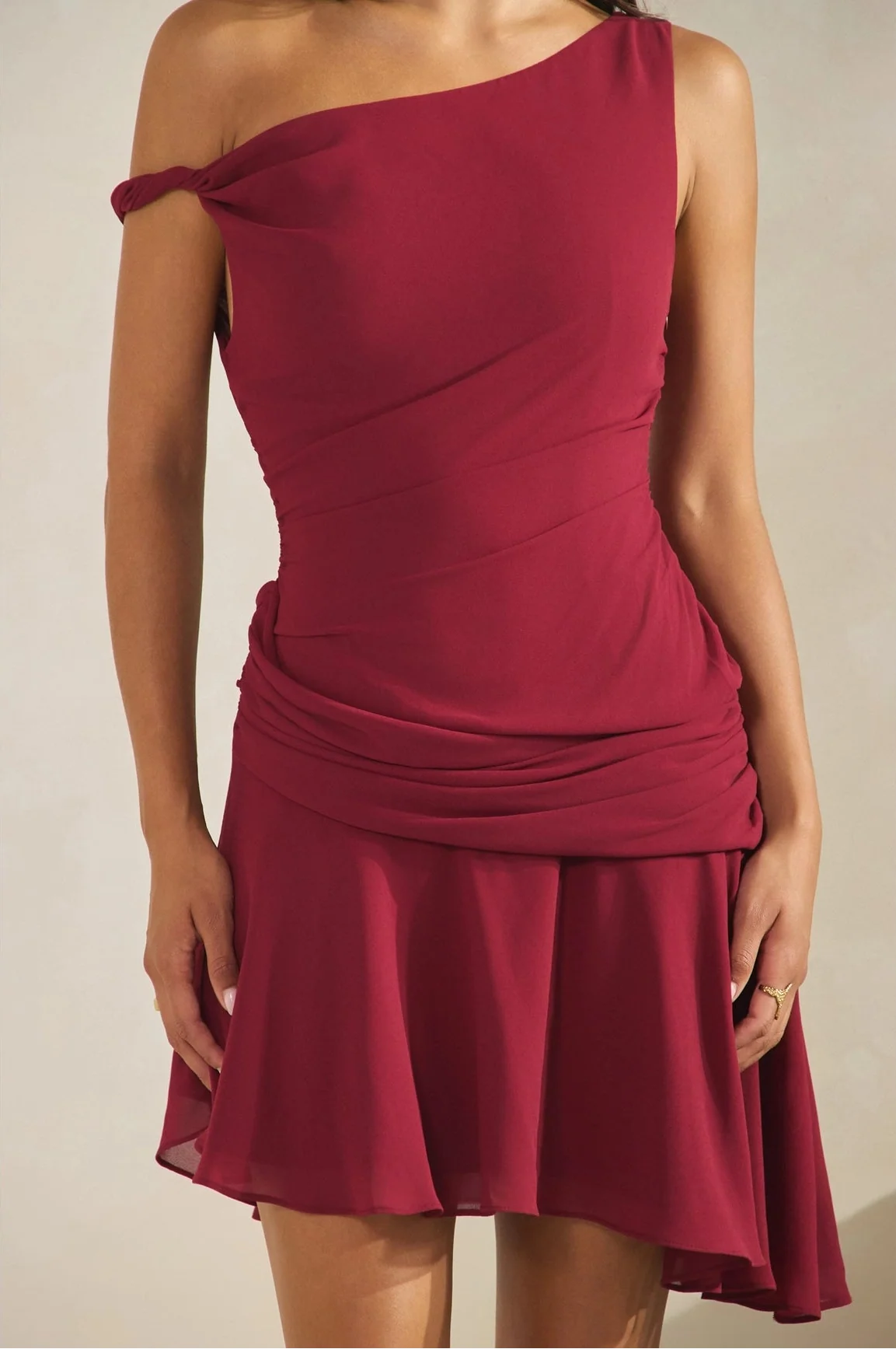 One Shoulder Mini Dress - Cherry