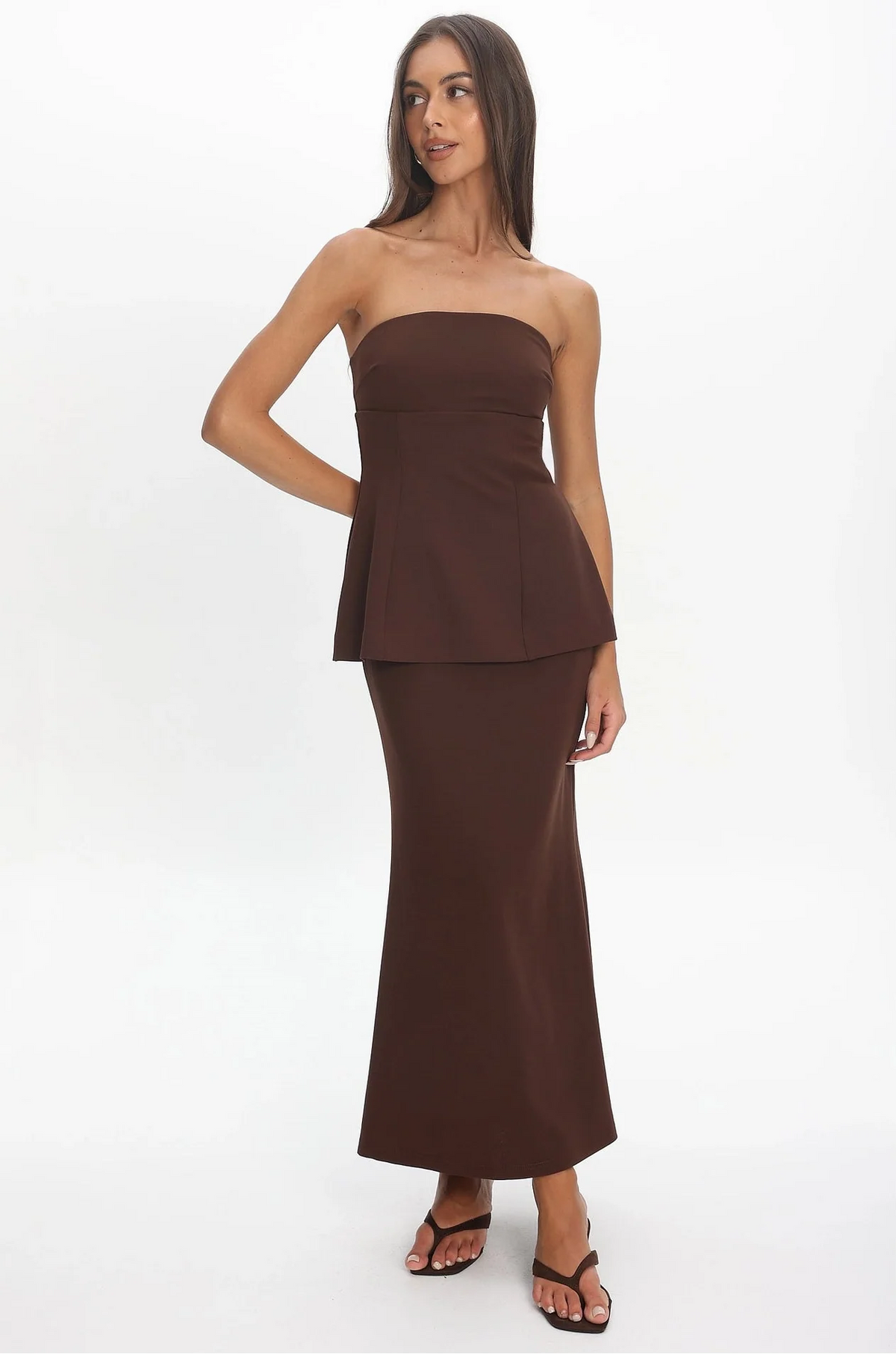 Strapless Peplum Maxi Dress - Chocolate
