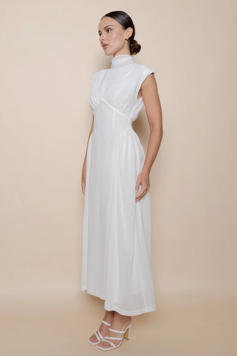 Mock Neck Open Back Maxi Dress - White