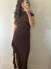 One Shoulder Ruffled Maxi Dress - Chocolate