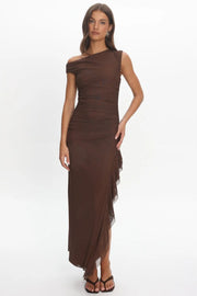 One Shoulder Ruffled Maxi Dress - Chocolate