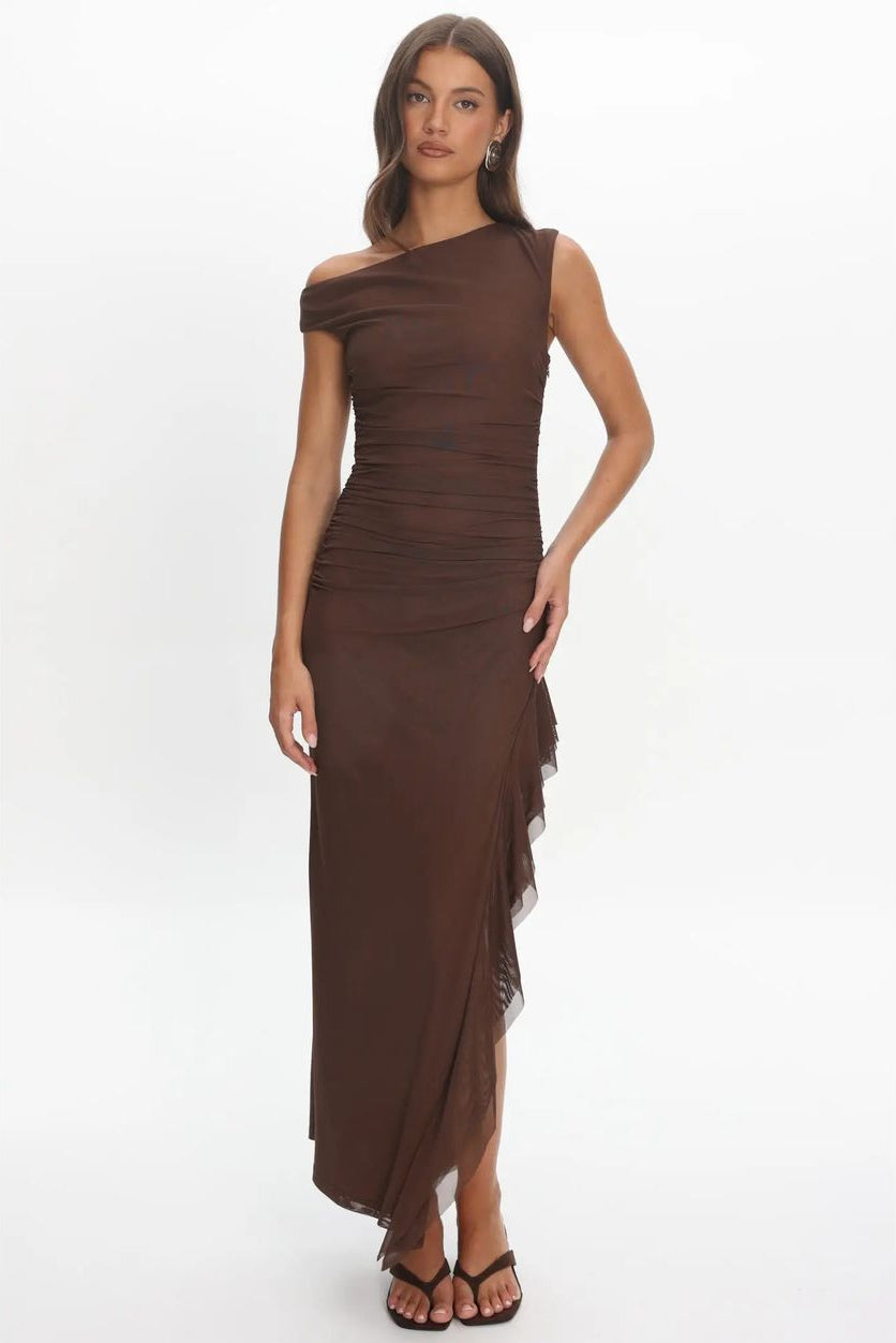 One Shoulder Ruffled Maxi Dress - Chocolate