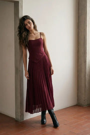 Asymmetric Pleated Midi Dress - Burgundy