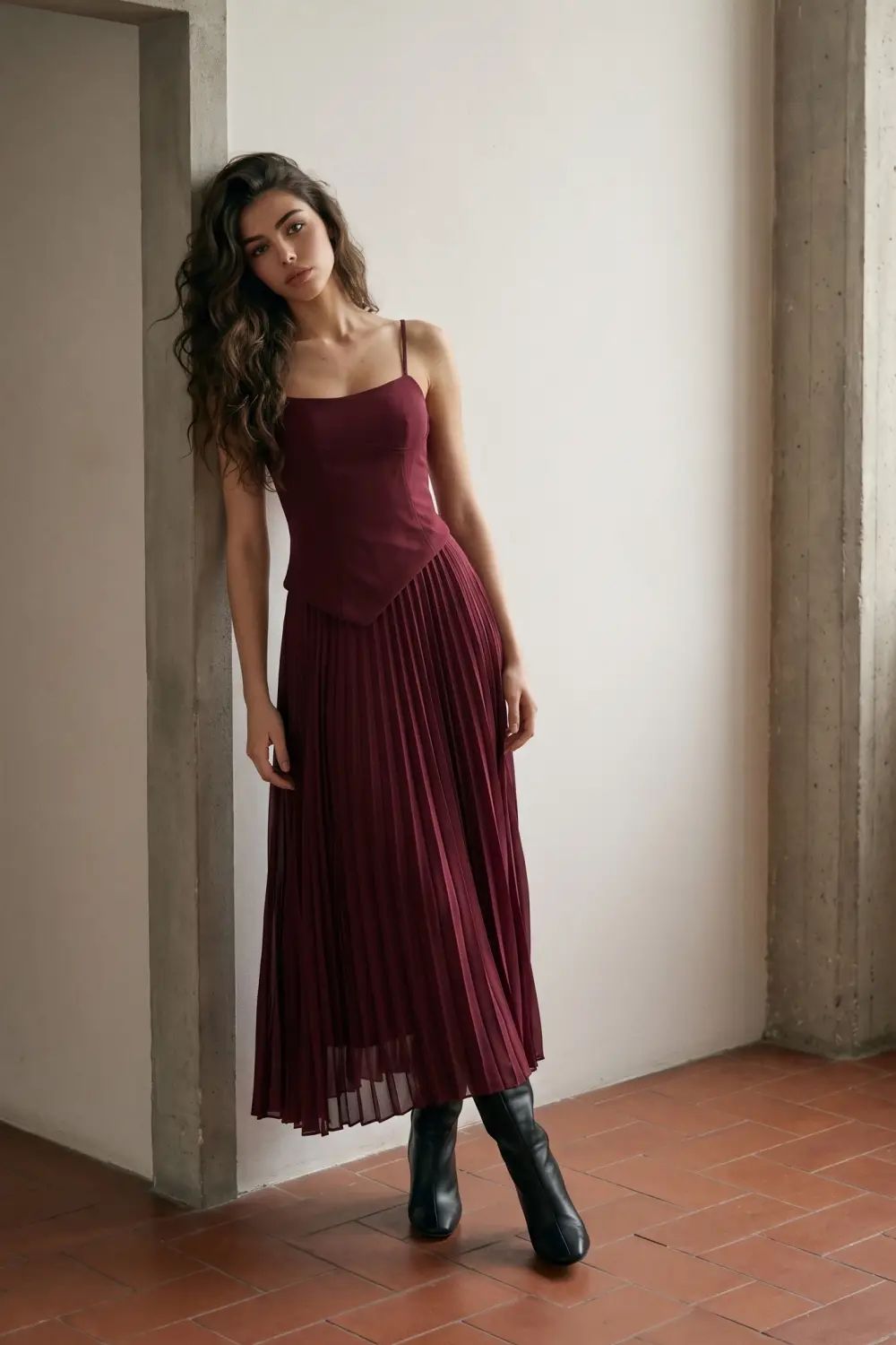 Asymmetric Pleated Midi Dress - Burgundy