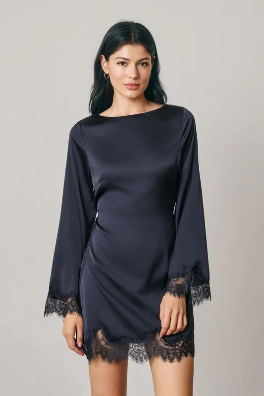 Satin Lace Mini Dress - Dark Navy