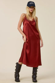 Lace Trim Satin Slip Midi Dress
