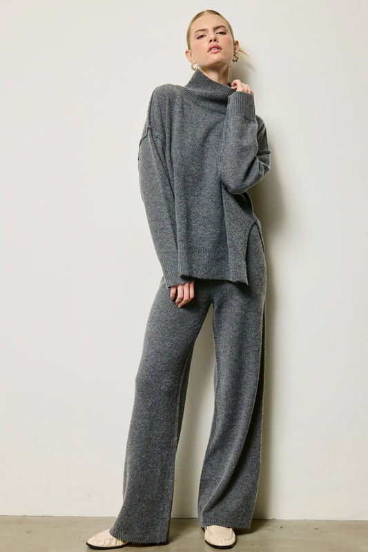 Mock Neck Knit Sweater Set - Charcoal