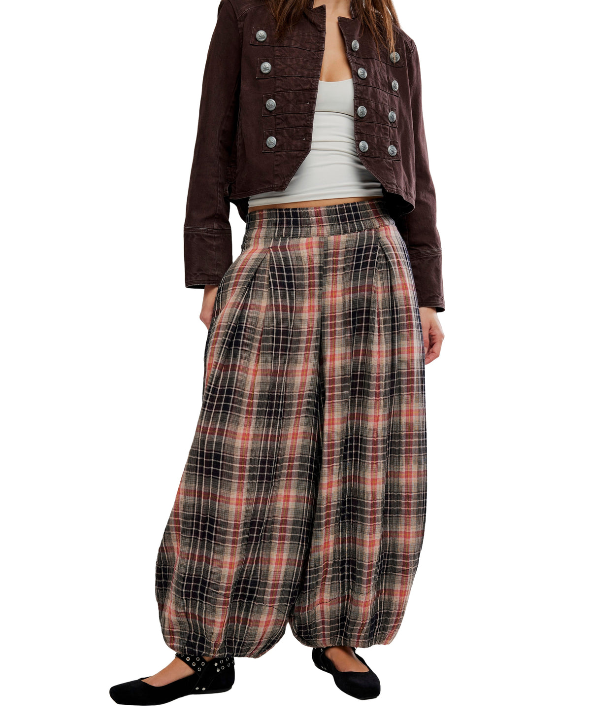 Free People - Moonflower Plaid Balloon Pants - Black