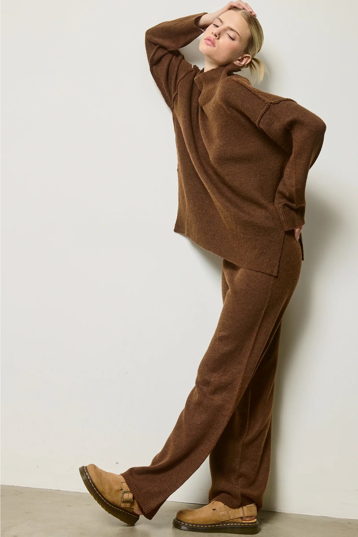 Mock Neck Knit Sweater Set - Chocolate