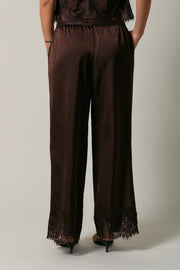 Satin Lace Trim Pants - Brown