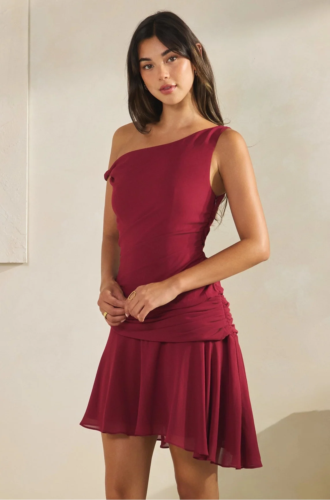 One Shoulder Mini Dress - Cherry