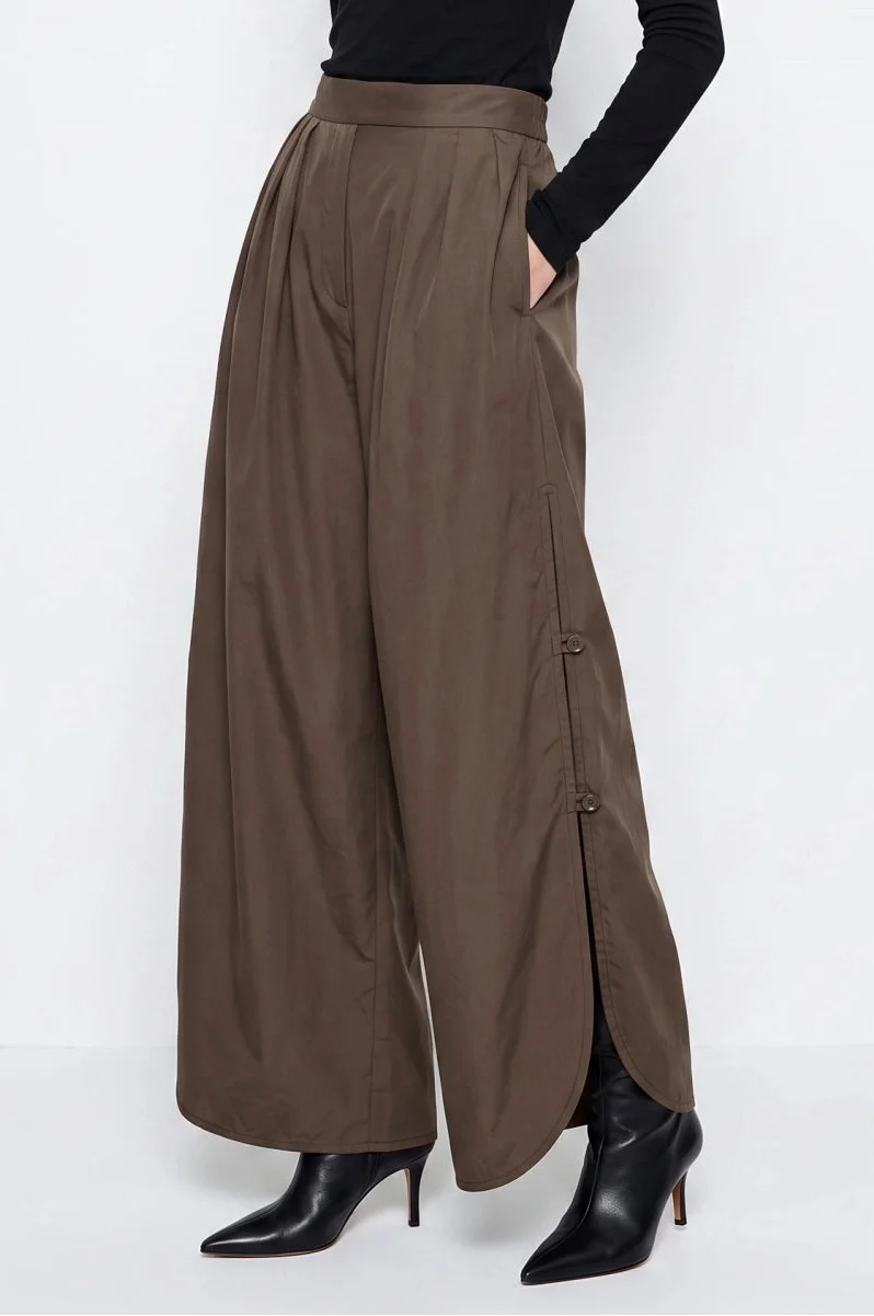 Button Side Slit Wide Leg Pants