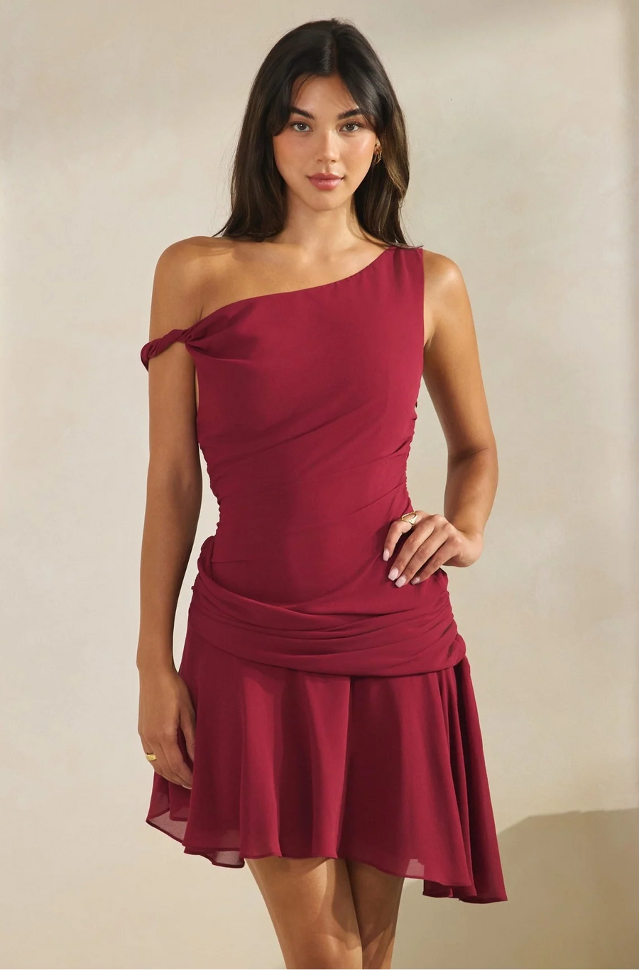 One Shoulder Mini Dress - Cherry