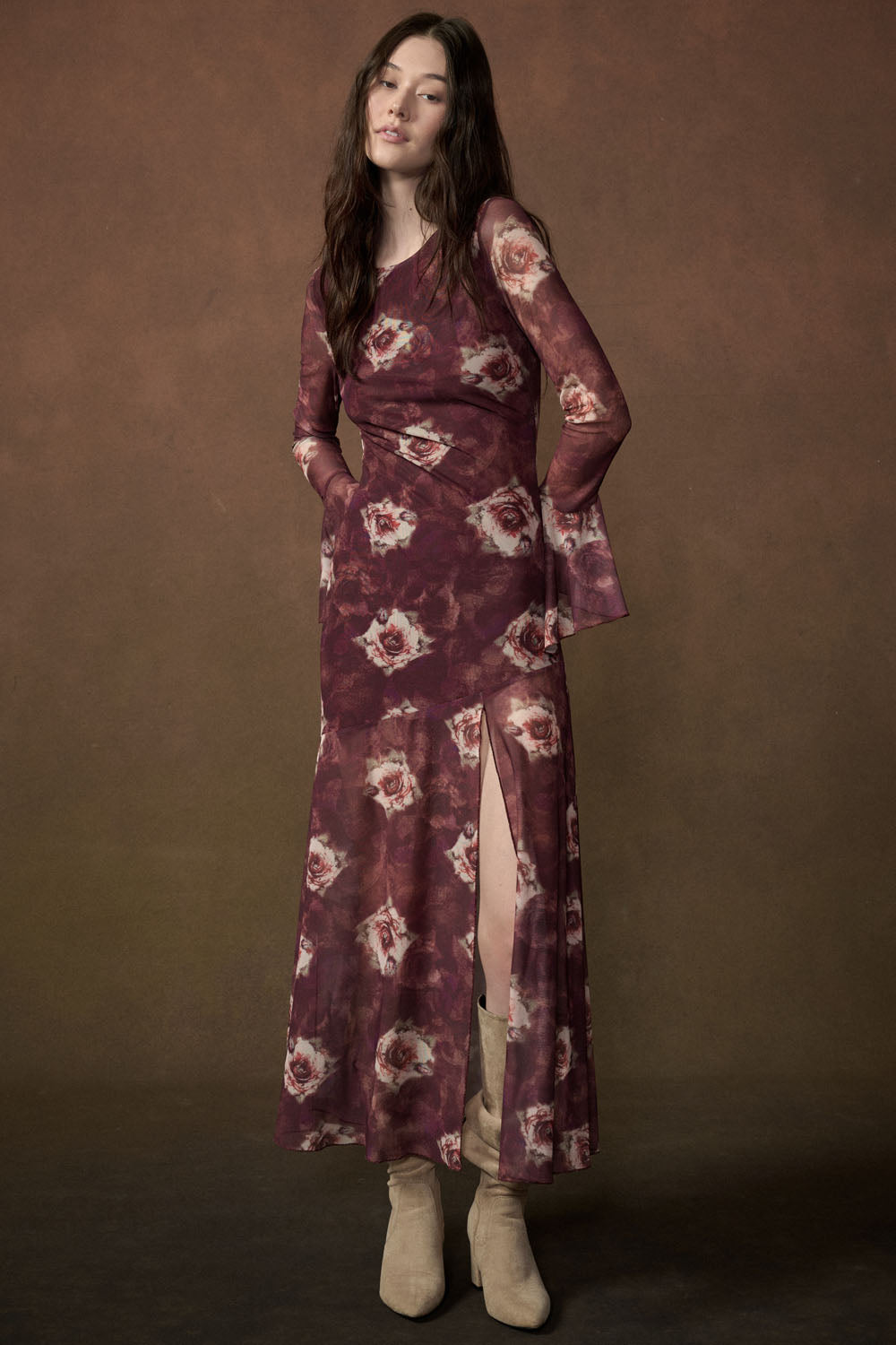 Floral Mesh Maxi Dress - Mulberry