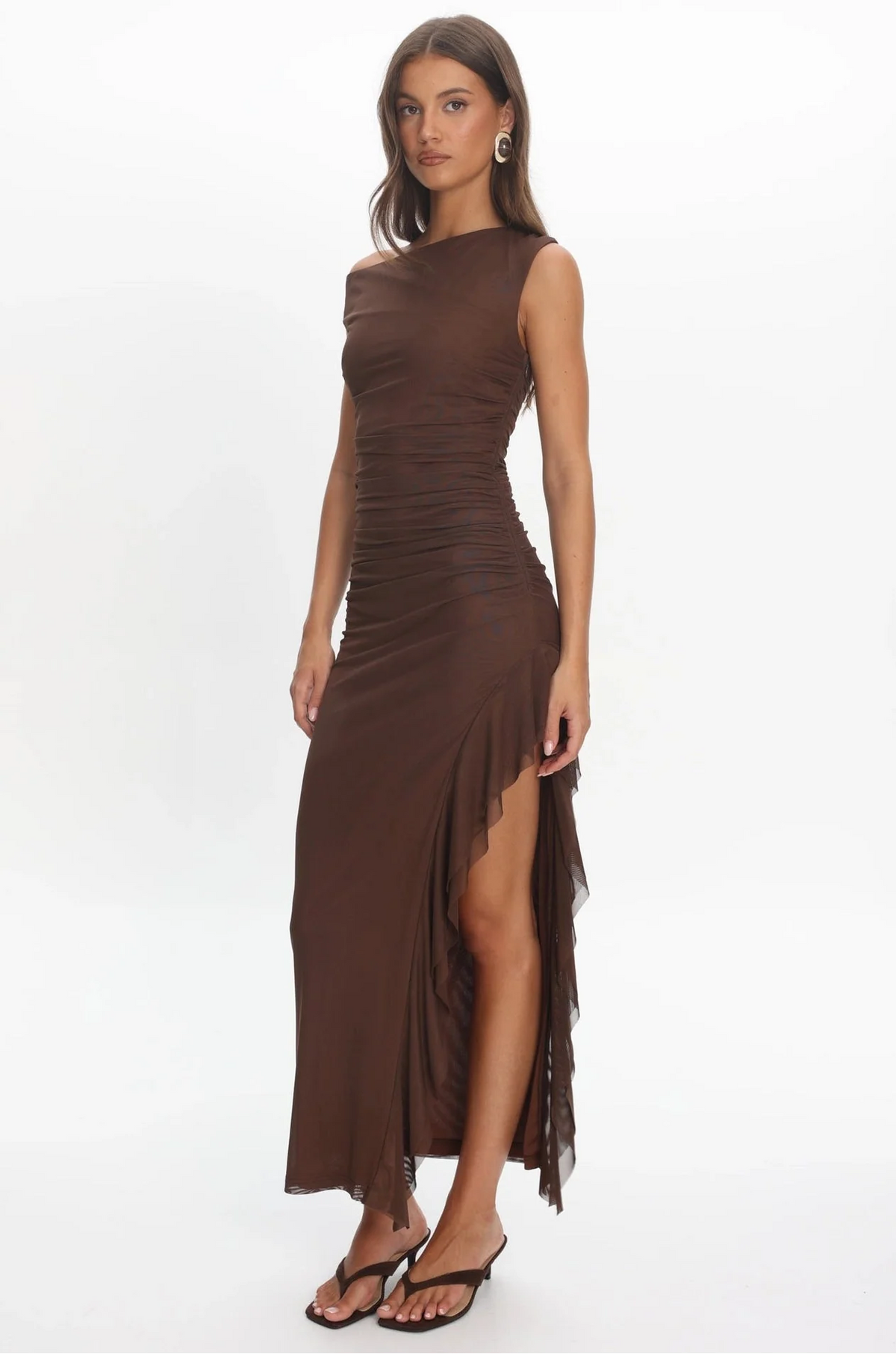 One Shoulder Ruffled Maxi Dress - Chocolate